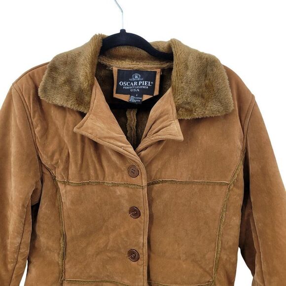 Vtg Oscar Piel Faux Suede Jacket Camel Faux Fur Lining Button Up S Boho Hippie - Picture 4 of 10